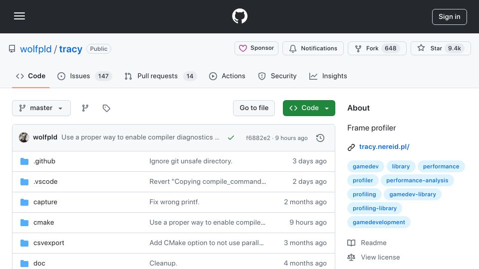 Screenshot of github.com: Tracy: A real time, nanosecond resolution frame profiler