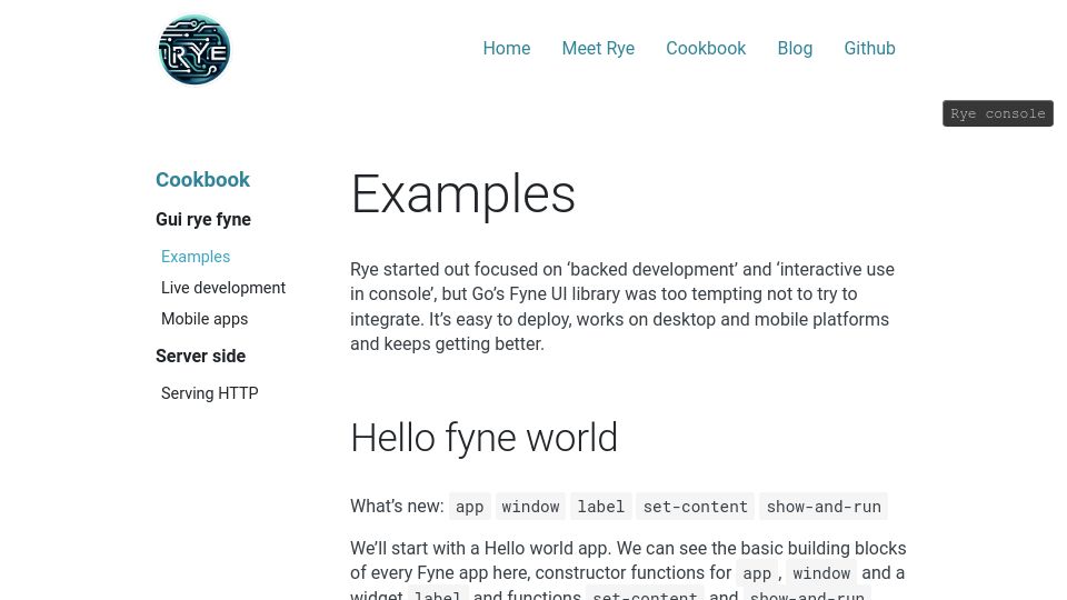 Screenshot of ryelang.org: GUI Examples – Rye Language