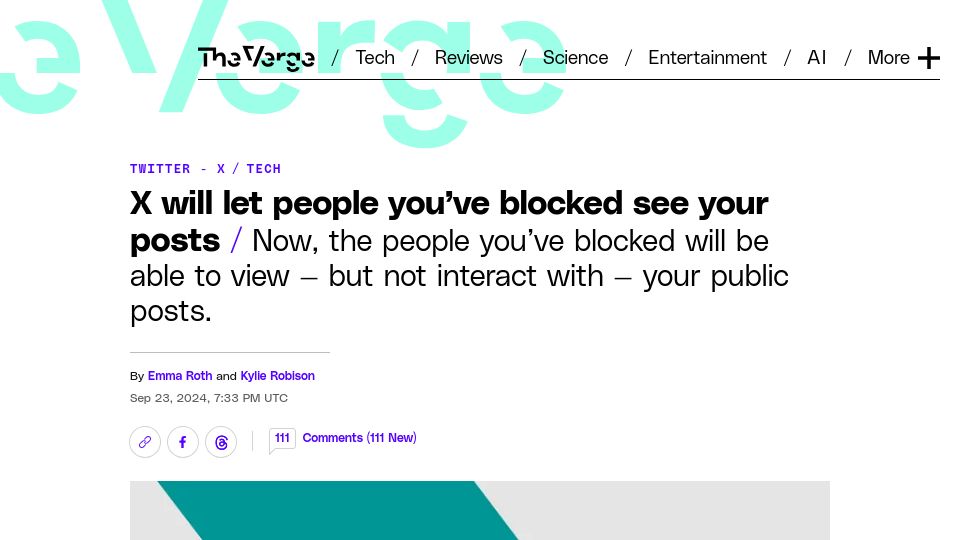 Screenshot of theverge.com: Twitter/X will let people you've blocked see your posts