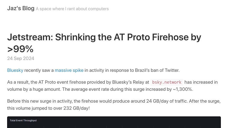 Screenshot of jazco.dev: Jetstream: Shrinking the AT Protocol Firehose by >99%