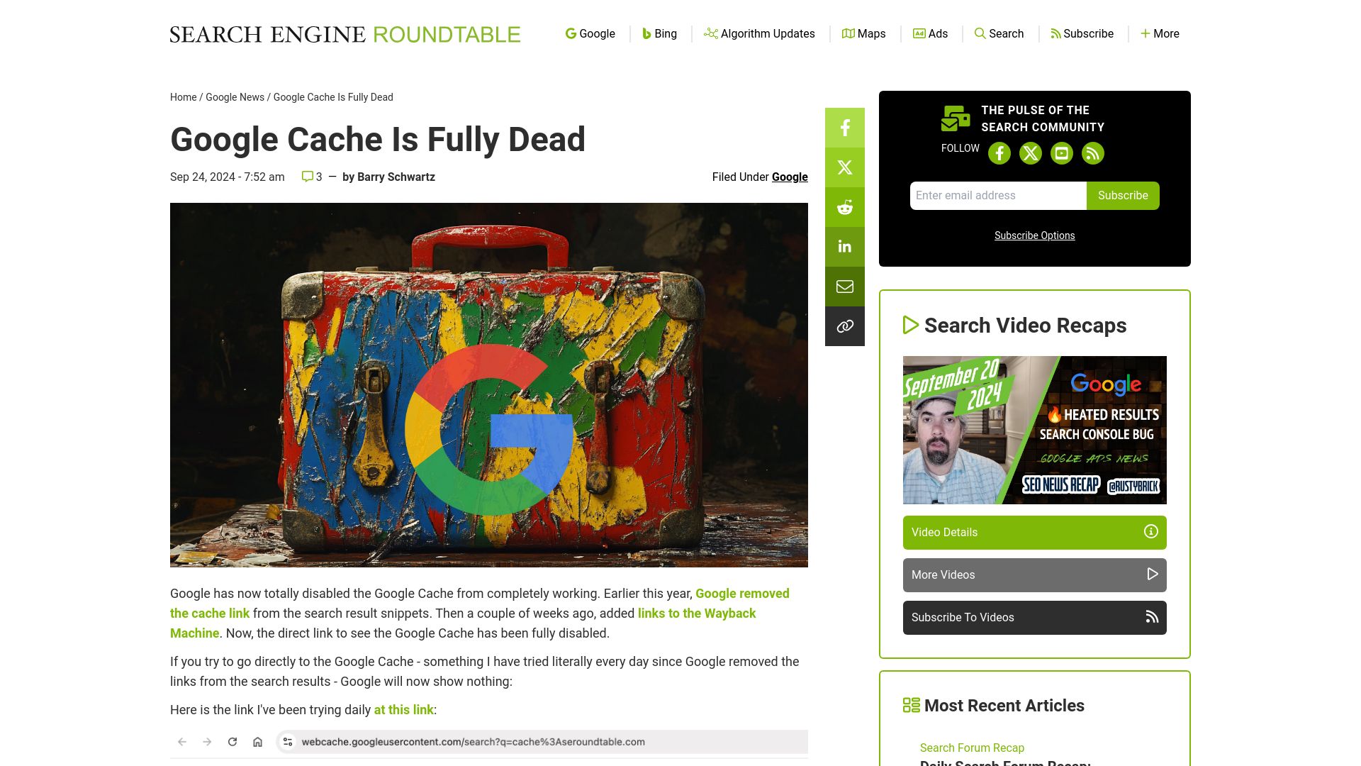 Screenshot of seroundtable.com: Google Cache is fully dead