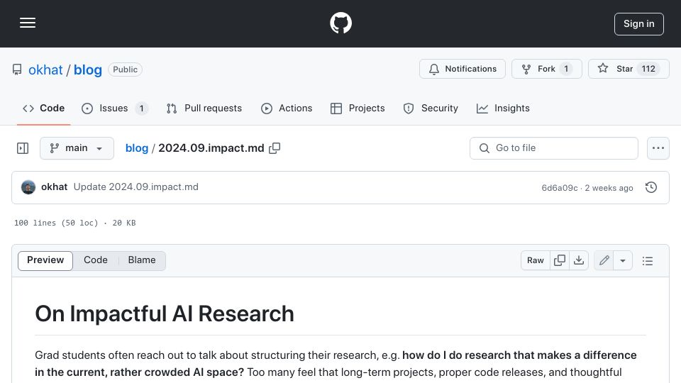 Screenshot of github.com: On Impactful AI Research