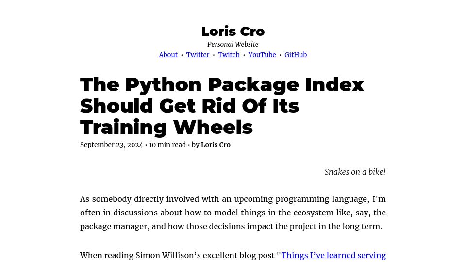 Screenshot of kristoff.it: The Python Package Index Should Get Rid of Its Training Wheels