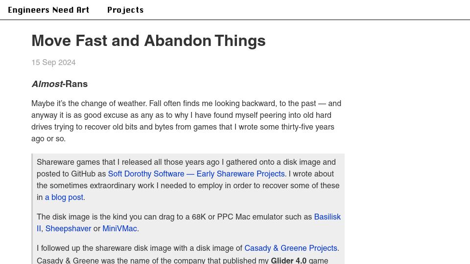 Screenshot of engineersneedart.com: Move Fast and Abandon Things