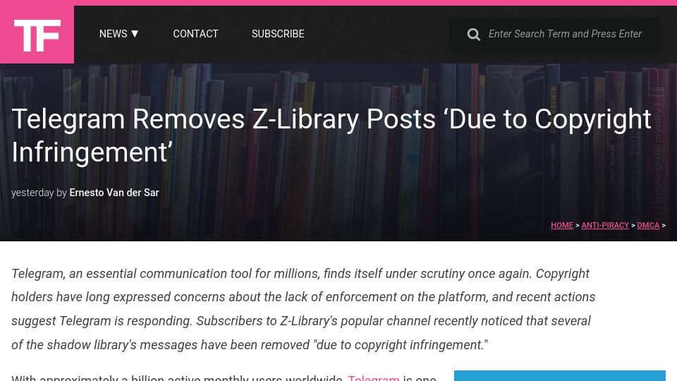 Screenshot of torrentfreak.com: Telegram Removes Z-Library Posts 'Due to Copyright Infringement'