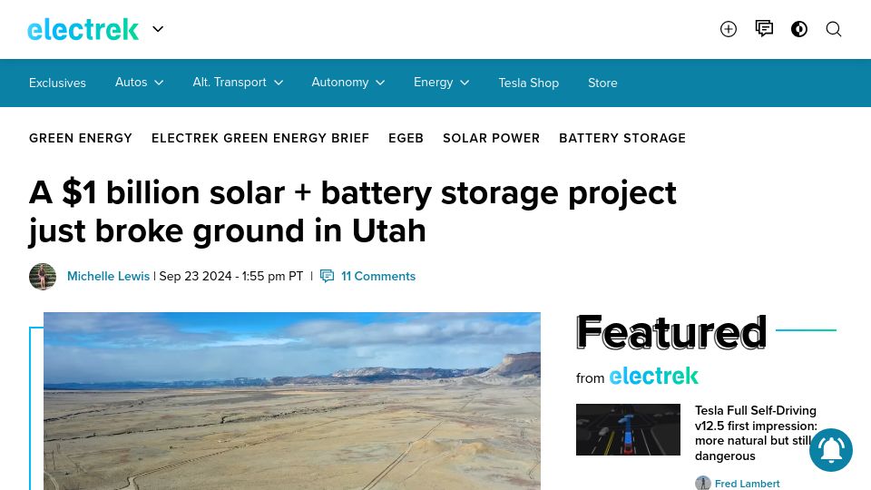 Screenshot of electrek.co: $1B Solar and Battery Storage Project Breaks Ground in Utah