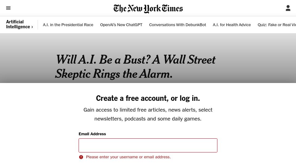 Screenshot of nytimes.com: Will A.I. Be a Bust? A Wall Street Skeptic Rings the Alarm