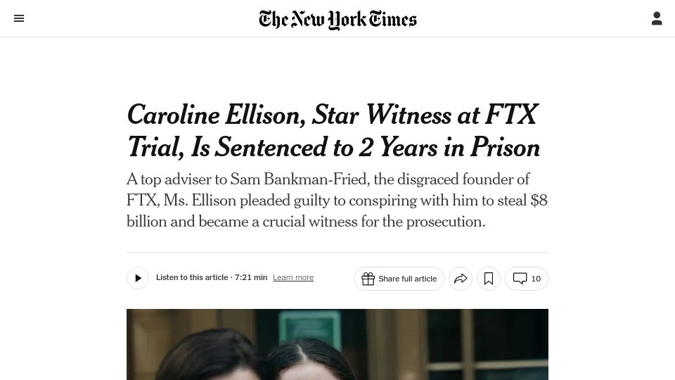 Screenshot of nytimes.com: Caroline Ellison sentenced to 2 years in prison