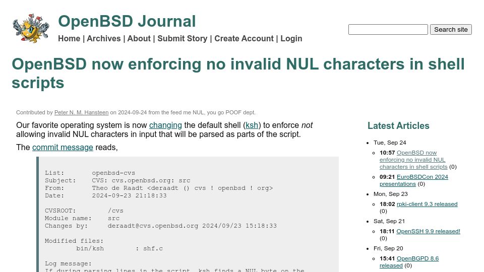 Screenshot of undeadly.org: OpenBSD now enforcing no invalid NUL characters in shell scripts