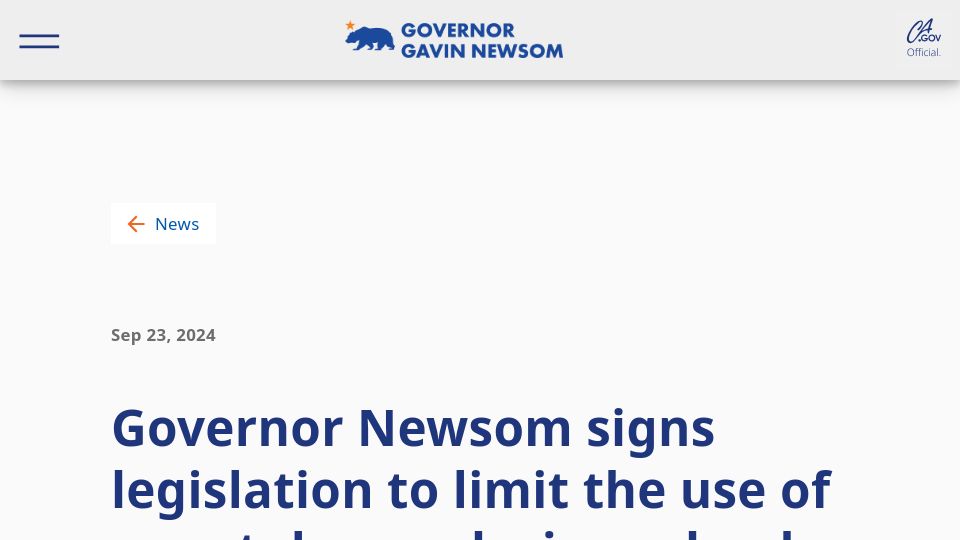 Screenshot of gov.ca.gov: Bill limits smartphone use in California schools
