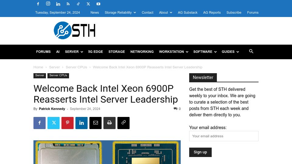 Screenshot of servethehome.com: Intel Xeon 6900P Reasserts Intel Server Leadership