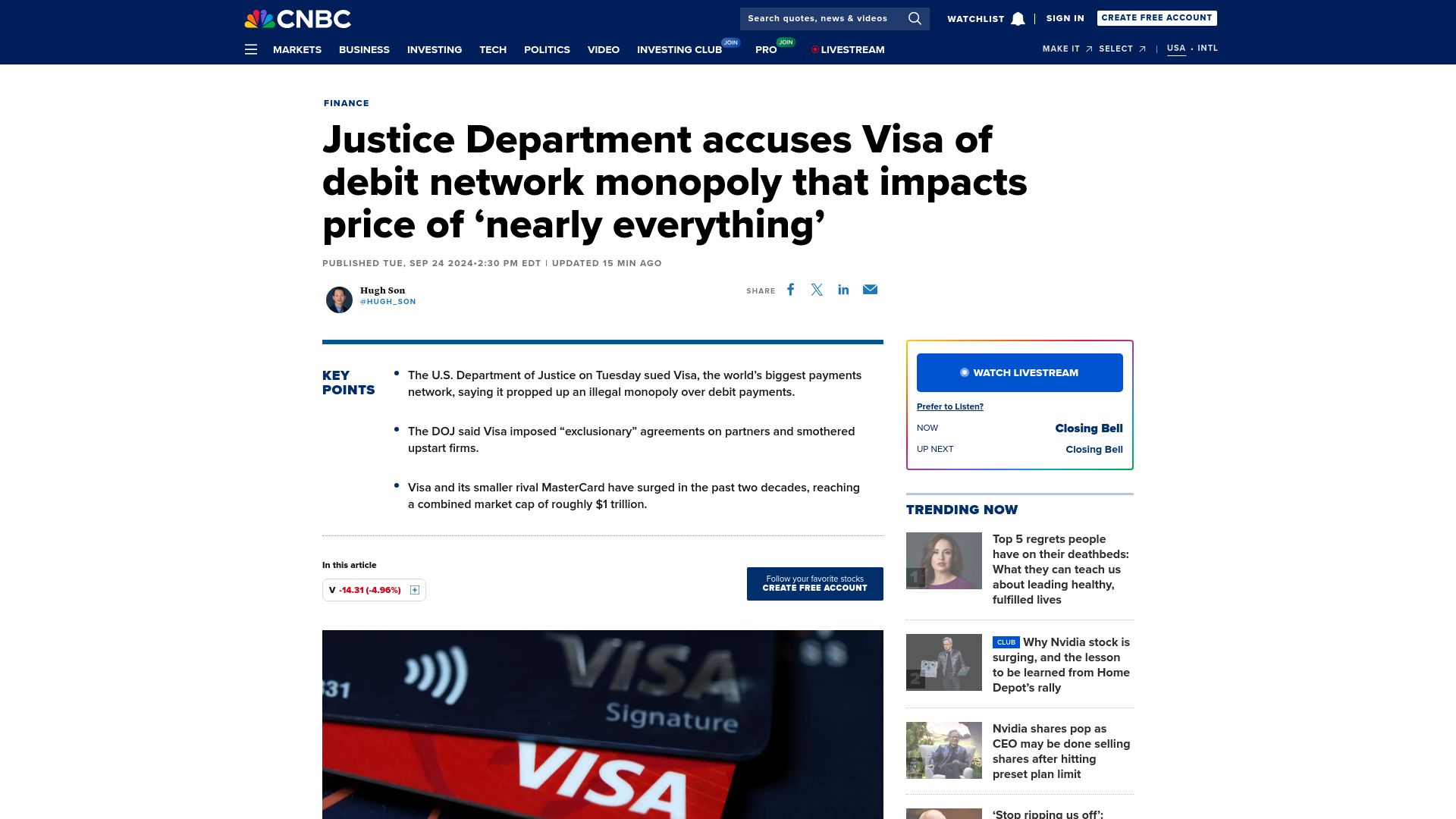Screenshot of cnbc.com: DOJ accuses Visa of monopoly that affects price of 'nearly everything’