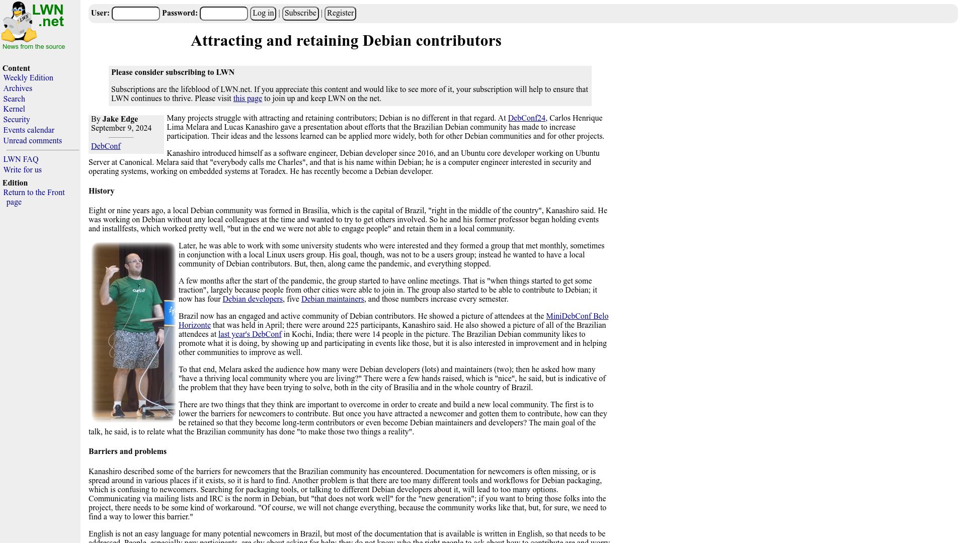 Screenshot of lwn.net: Attracting and Retaining Debian Contributors