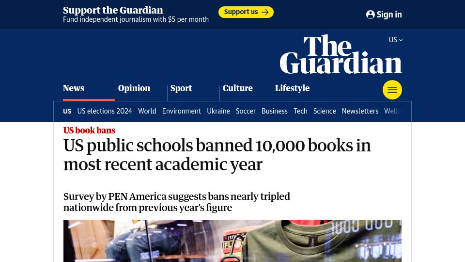 Screenshot of theguardian.com: US public schools banned 10k books in most recent academic year