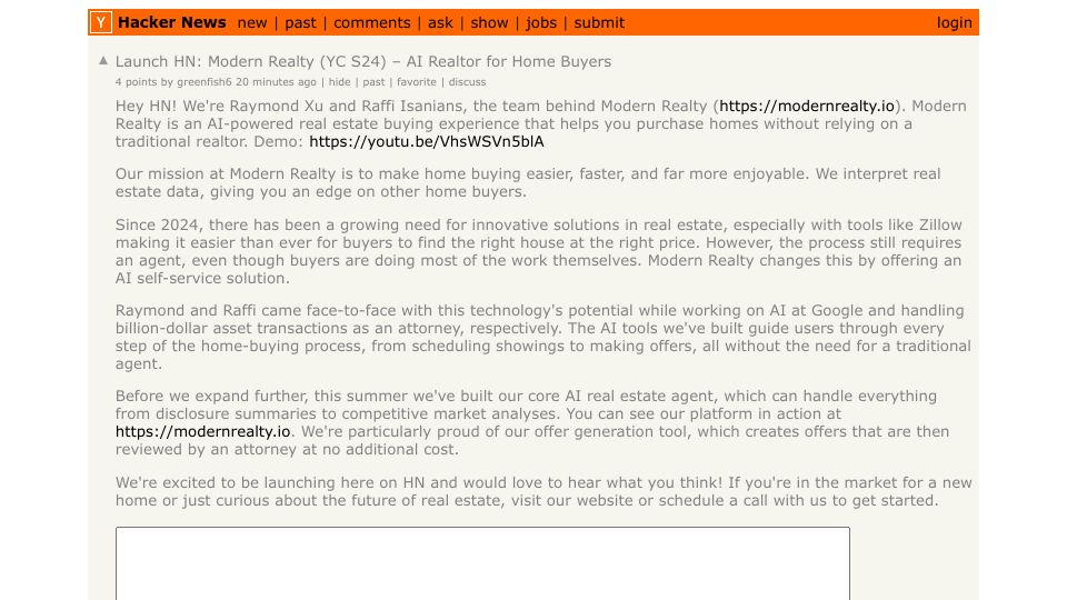 Screenshot of Hacker News post: Launch HN: Modern Realty (YC S24) – AI Real Estate Agent for Home Buyers