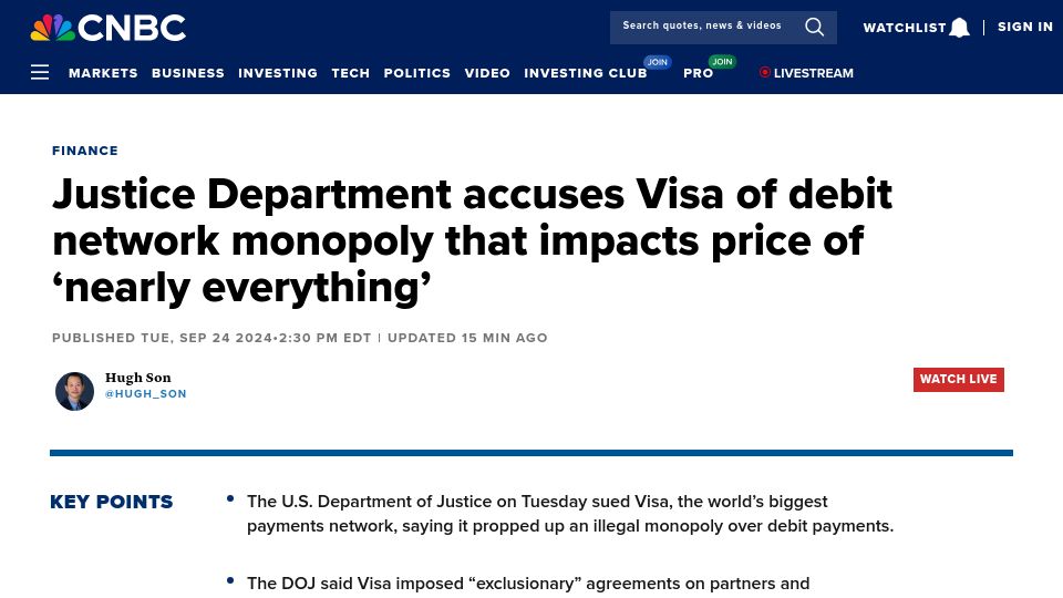 Screenshot of cnbc.com: DOJ accuses Visa of monopoly that affects price of 'nearly everything’
