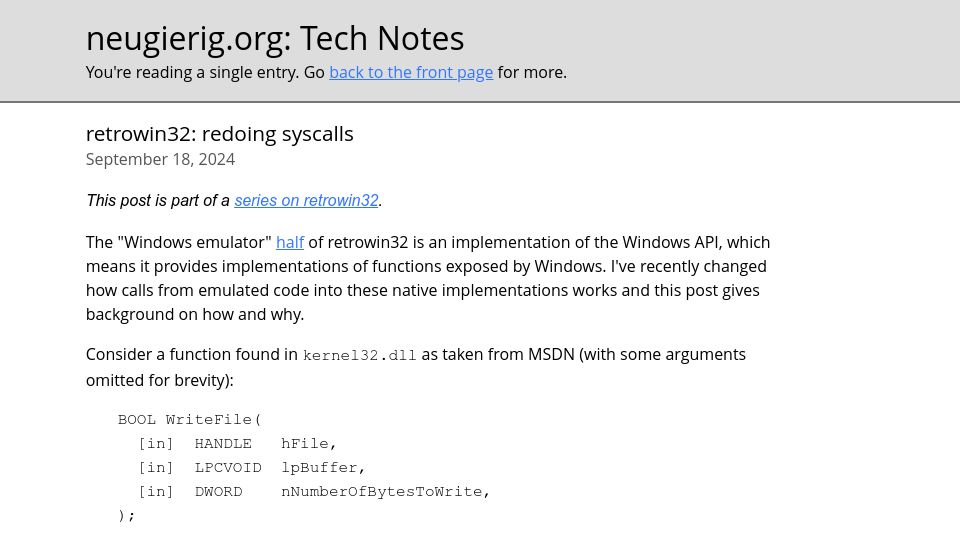 Screenshot of neugierig.org: Retrowin32: Redoing Syscalls