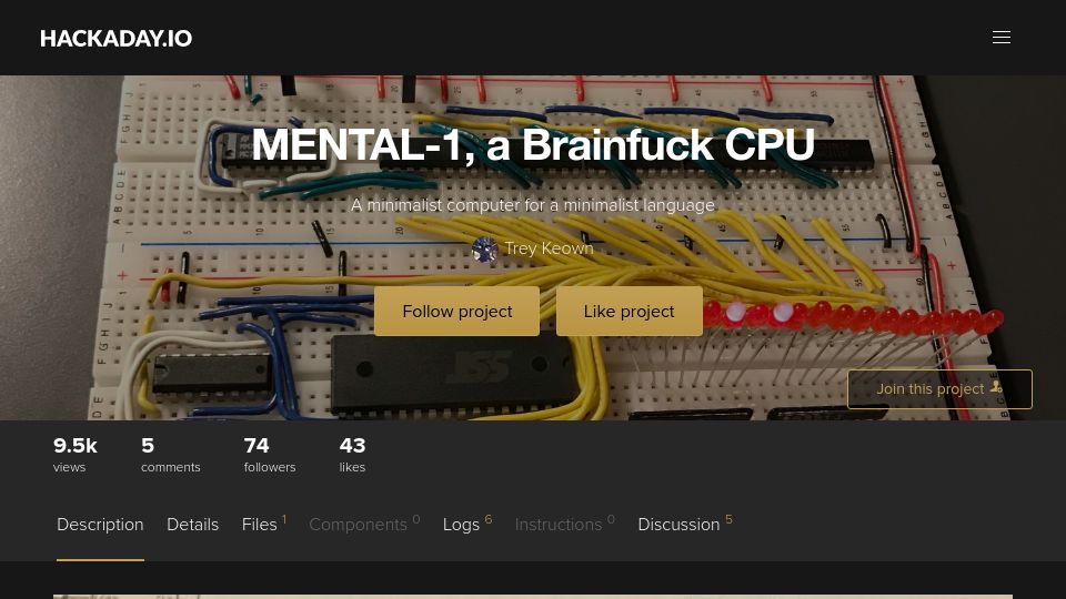 Screenshot of hackaday.io: Mental-1, a Brainfuck CPU