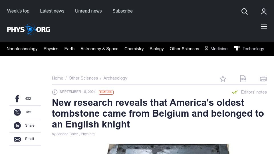 Screenshot of phys.org: America's oldest tombstone came from Belgium and belonged to an English knight