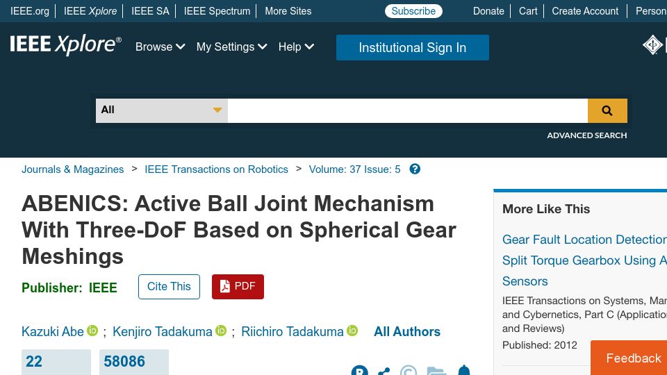 Screenshot of ieeexplore.ieee.org: Active Ball Joint Mechanism with Three-DoF Based on Spherical Gear Meshings (2021)