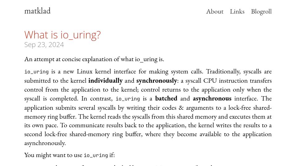 Screenshot of matklad.github.io: What Is io_uring?