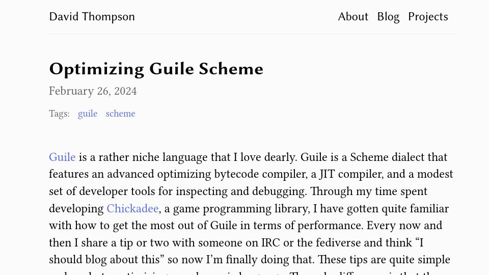 Screenshot of dthompson.us: Optimizing Guile Scheme