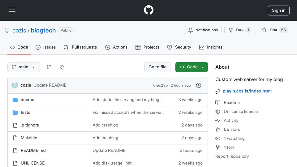 Screenshot of github.com: Show HN: Hosting my website using my C web server