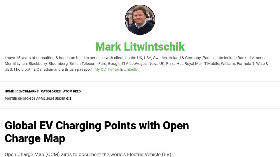 Screenshot of tech.marksblogg.com: Global EV Charging Points with Open Charge Map