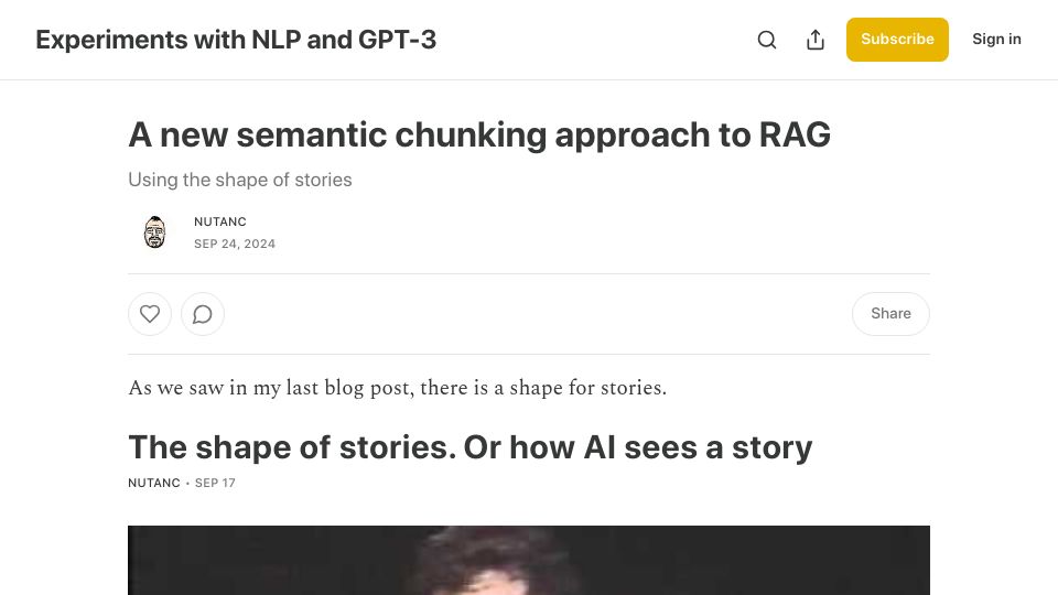 Screenshot of gpt3experiments.substack.com: A new semantic chunking approach for RAG