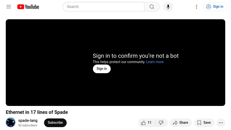 Screenshot of youtube.com: Ethernet in 17 lines of Spade [video]
