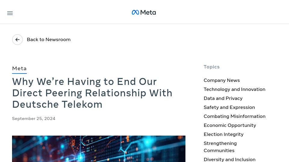Screenshot of about.fb.com: Why We're Having to End Our Direct Peering Relationship with Deutsche Telekom