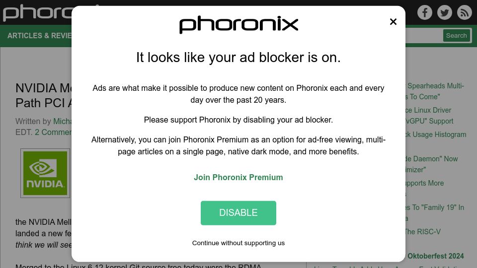 Screenshot of phoronix.com: Nvidia Mellanox Linux Driver Spearheads Multi-Path PCI "Sign of Things to Come"