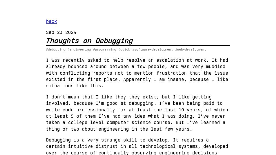 Screenshot of catskull.net: Thoughts on Debugging
