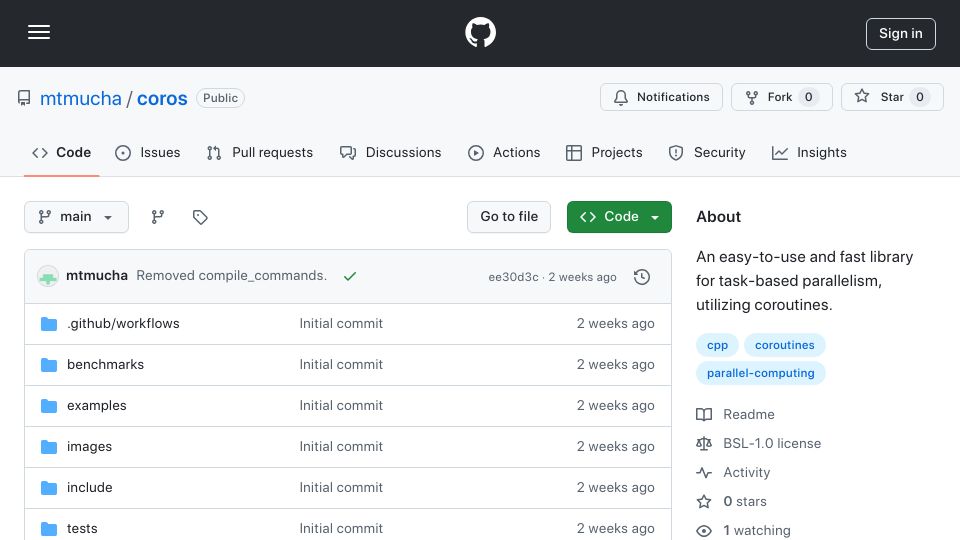Screenshot of github.com: Show HN: Coros – A Modern C++ Library for Task Parallelism