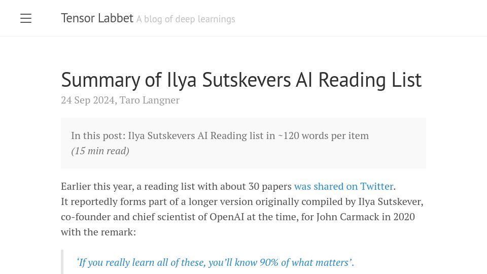 Screenshot of tensorlabbet.com: A Summary of Ilya Sutskevers AI Reading List