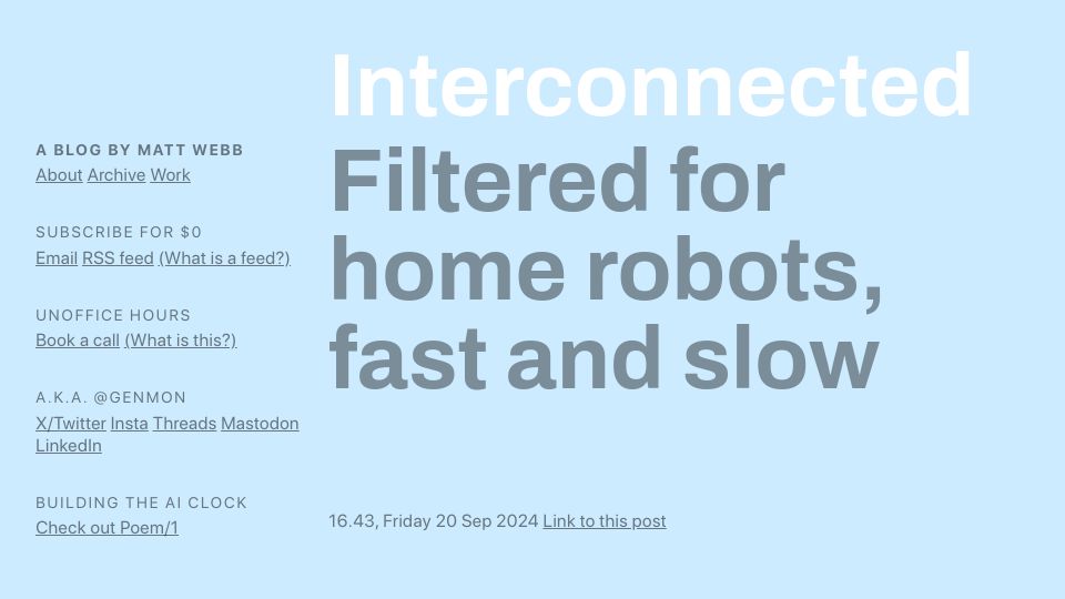 Screenshot of interconnected.org: Filtered for home robots, fast and slow