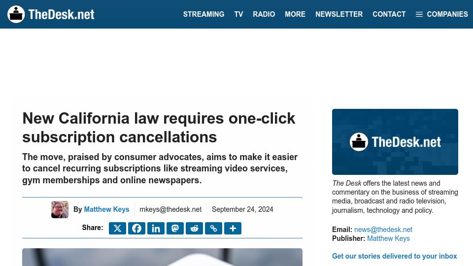 Screenshot of thedesk.net: New California law requires one-click subscription cancellations