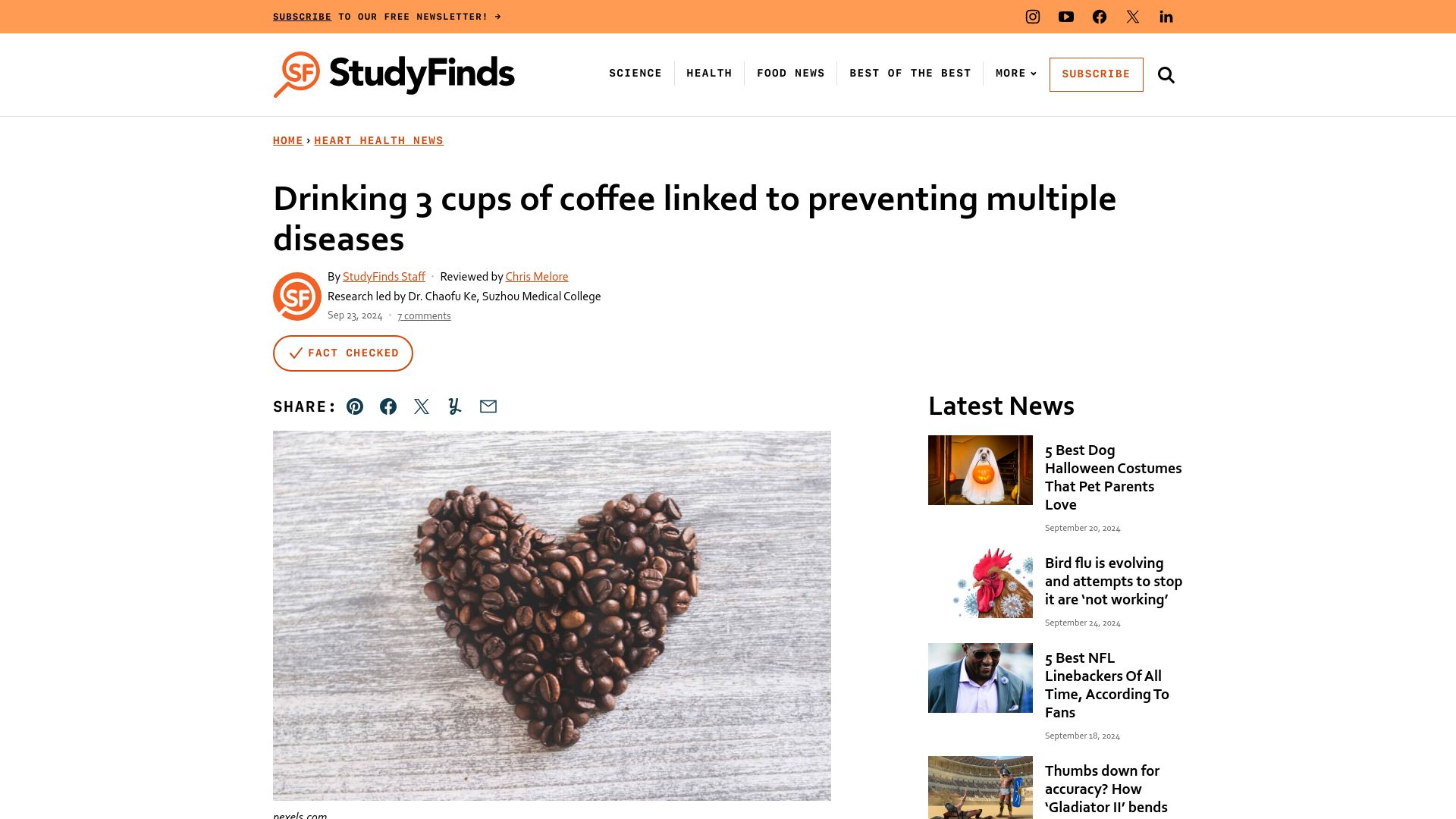 Screenshot of studyfinds.org: Drinking 3 cups of coffee linked to preventing multiple diseases