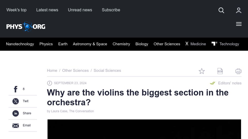 Screenshot of phys.org: Why are the violins the biggest section in the orchestra?