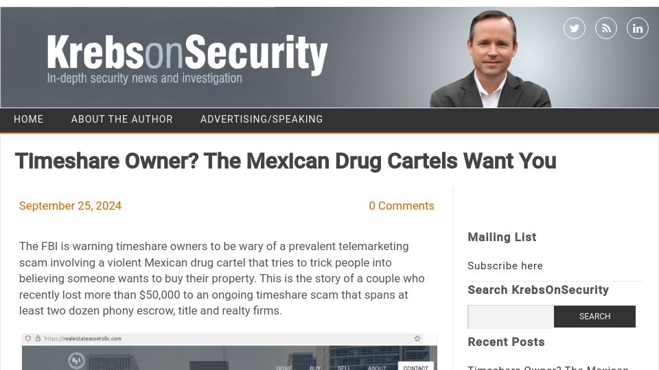 Screenshot of krebsonsecurity.com: Timeshare owner? The Mexican drug cartels want you
