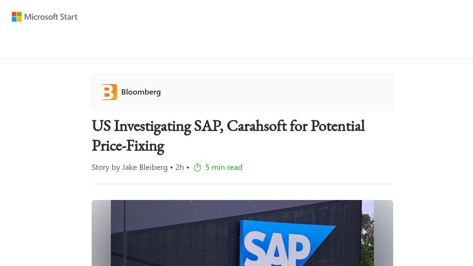 Screenshot of msn.com: US Investigating SAP, Carahsoft for Potential Price-Fixing