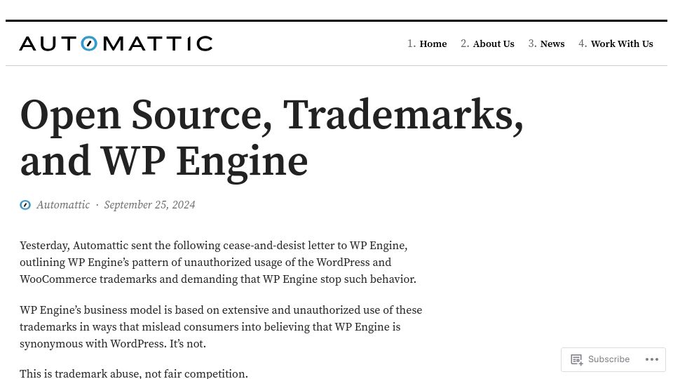 Screenshot of automattic.com: Open Source, Trademarks, and WP Engine