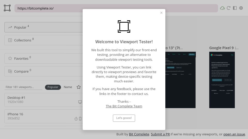 Screenshot of viewport-tester.com: Show HN: Test your website on 180+ device viewports (with multi-device mode)