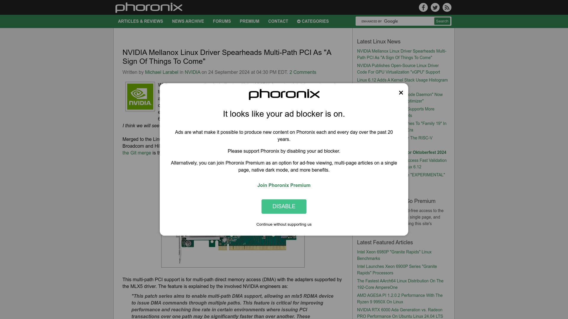 Screenshot of phoronix.com: Nvidia Mellanox Linux Driver Spearheads Multi-Path PCI "Sign of Things to Come"