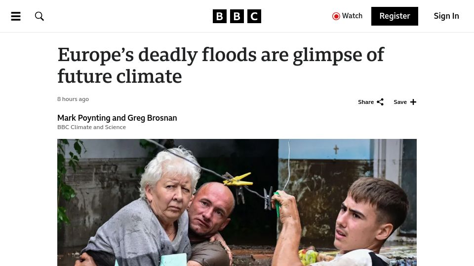 Screenshot of bbc.com: Europe's deadly floods are glimpse of future climate