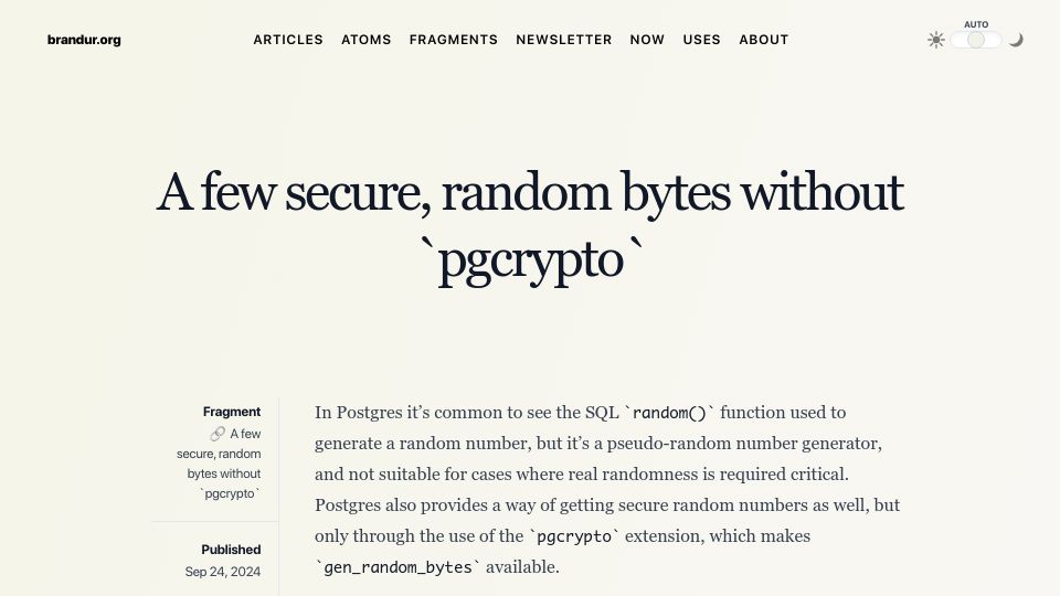 Screenshot of brandur.org: A few secure, random bytes without `pgcrypto`