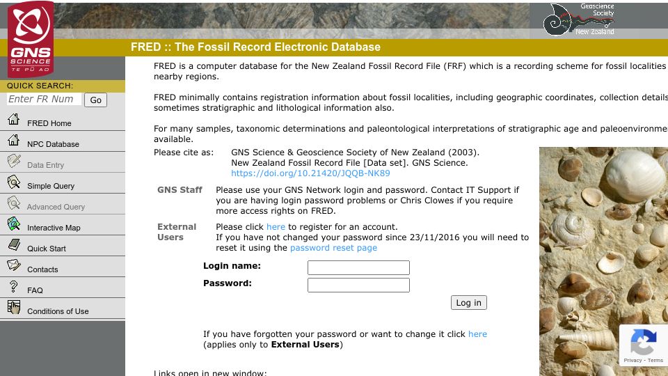 Screenshot of fred.org.nz: FRED: New Zealand open-access and crowdsource database of fossil records