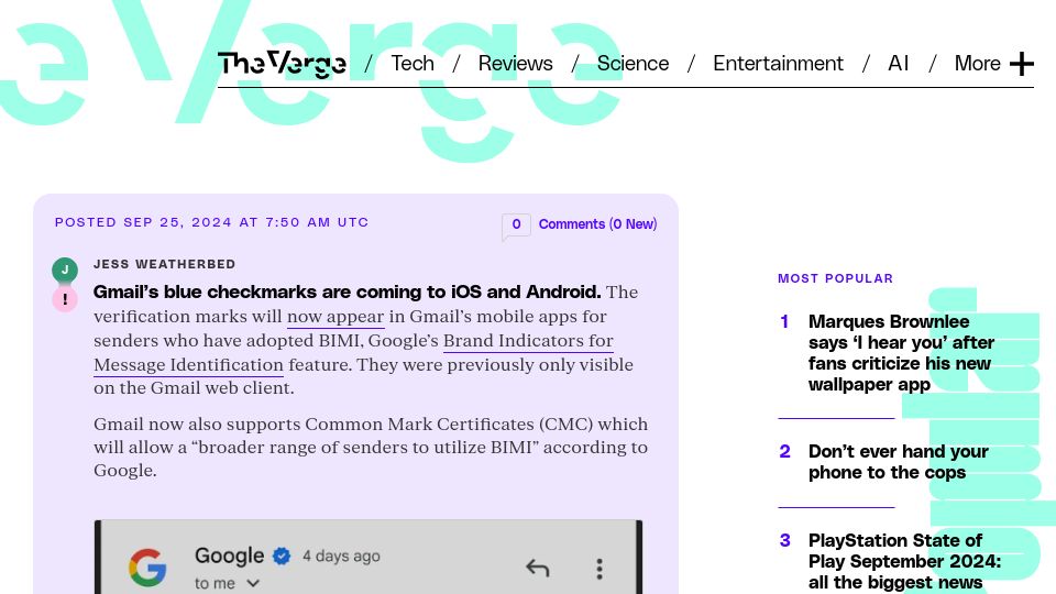Screenshot of theverge.com: Gmail's blue checkmarks are coming to iOS and Android
