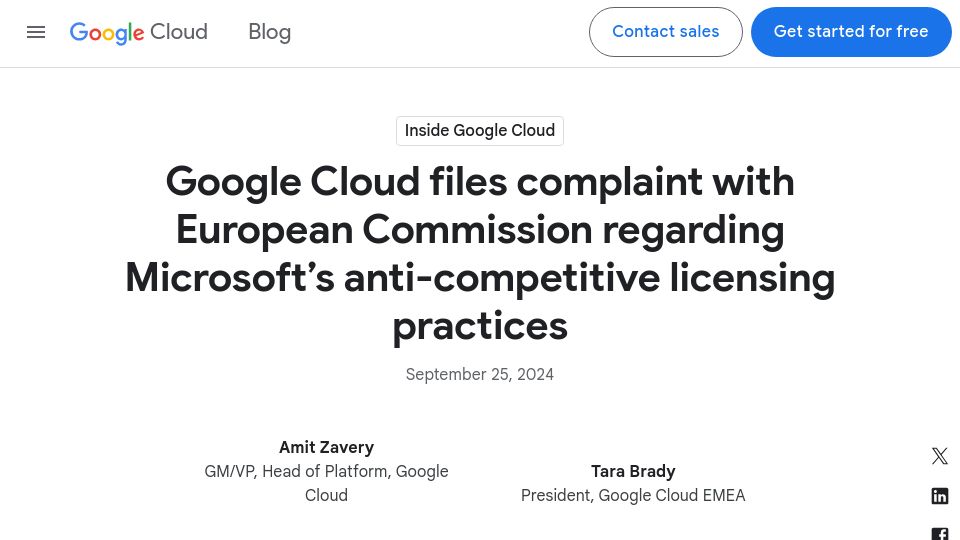 Screenshot of cloud.google.com: Google Cloud files complaint due to Microsoft's anti-competitive licensing