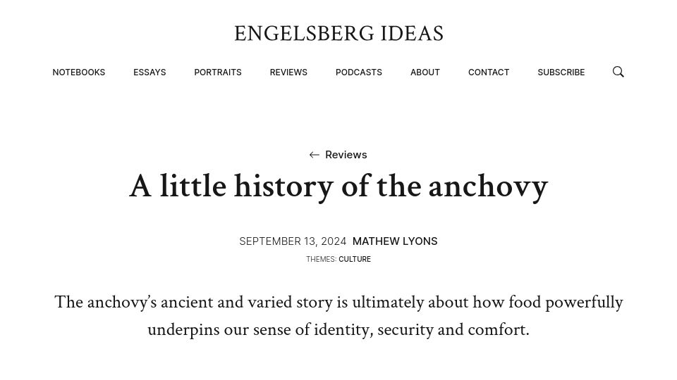 Screenshot of engelsbergideas.com: A Little History of the Anchovy